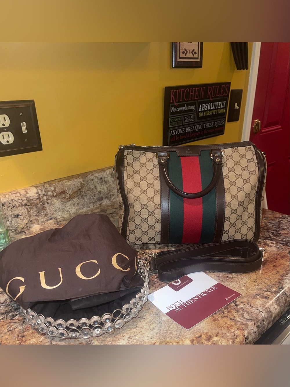 Gucci Beige GG Canvas Satchel with Green and Red Web Stripe
